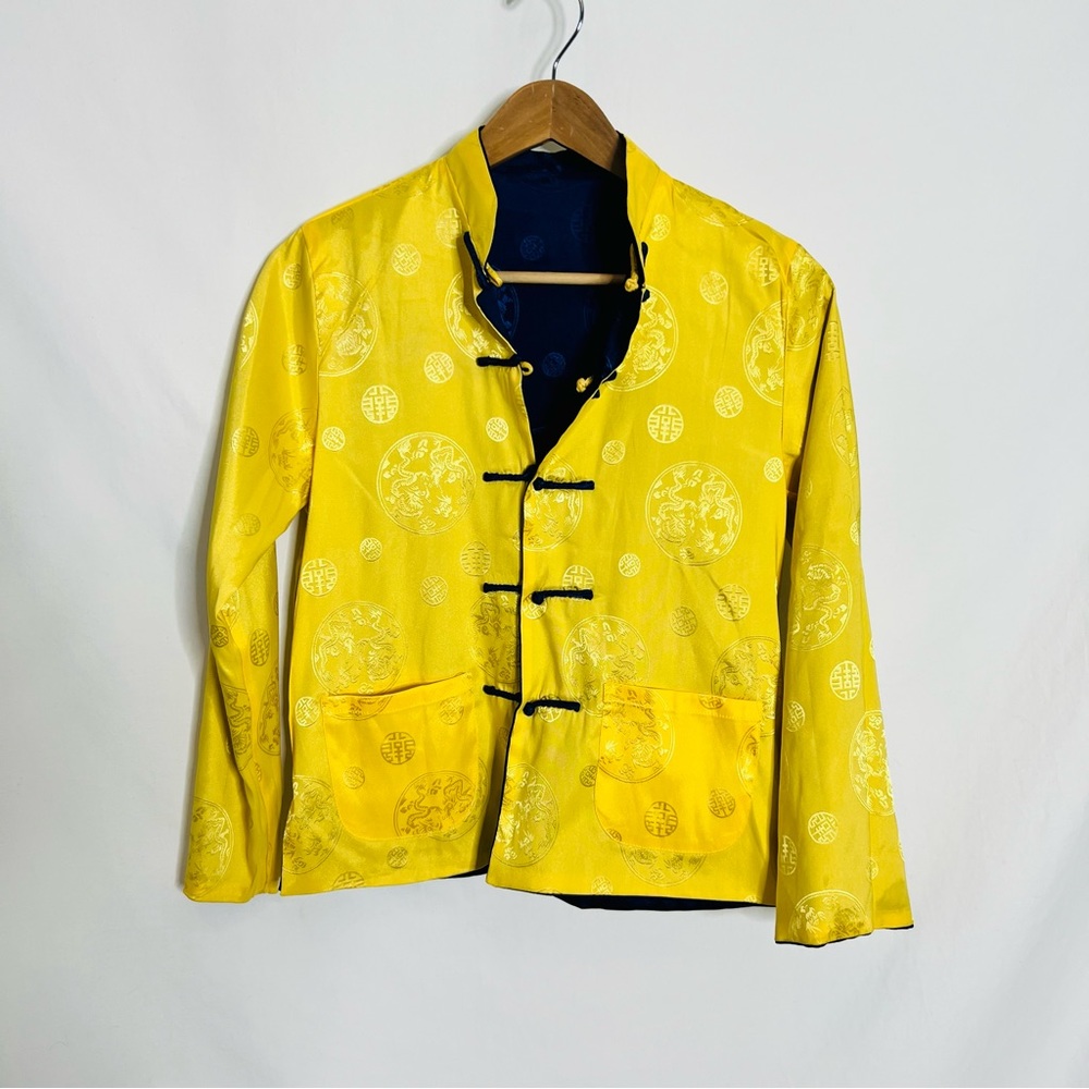 Traditional Chinese Tang Top, Blue and Yellow Reversible Blouse - Picture 3 of 16